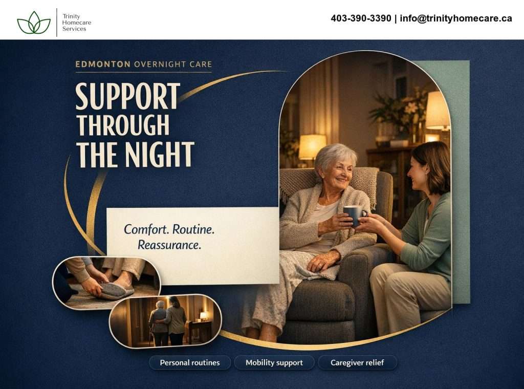Graphic headline reads “Support Through the Night” beside a warmly lit evening photo of an HCA talking with an older woman at home. Supporting labels highlight personal routines, mobility support and caregiver relief.