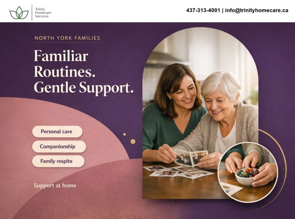 Graphic headline reads “Familiar Routines. Gentle Support.” A PSW and older woman look at family photos together at a home kitchen table, with supporting labels for personal care, companionship and family respite.