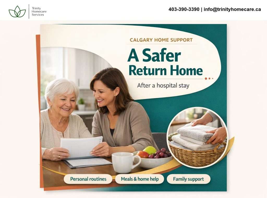 Graphic headline reads “A Safer Return Home” beside a warm kitchen photo of an older adult and HCA reviewing a home routine. Supporting badges highlight personal routines, meals and home help, and family support after a hospital stay.